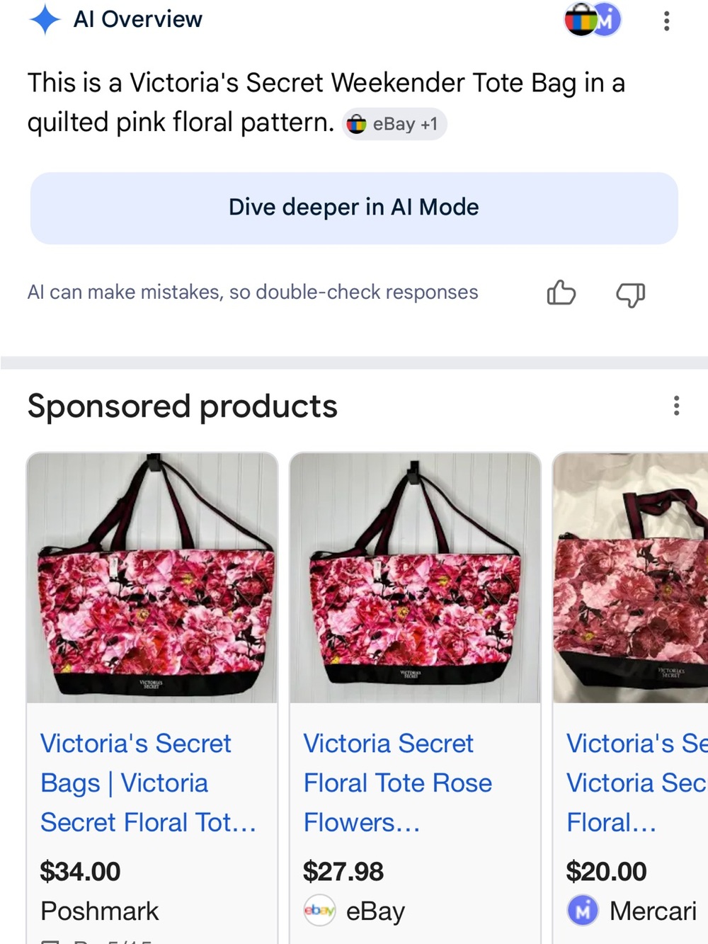 Victoria's Secret Pink Floral Quilted Tote with Black Trim - Picture 4 of 4